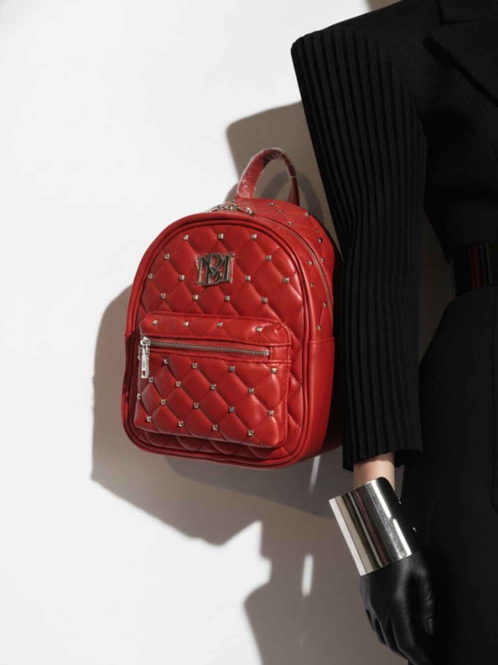 NWT Mini Badgley Mischka Red and Silver Studded Quilted Backpack